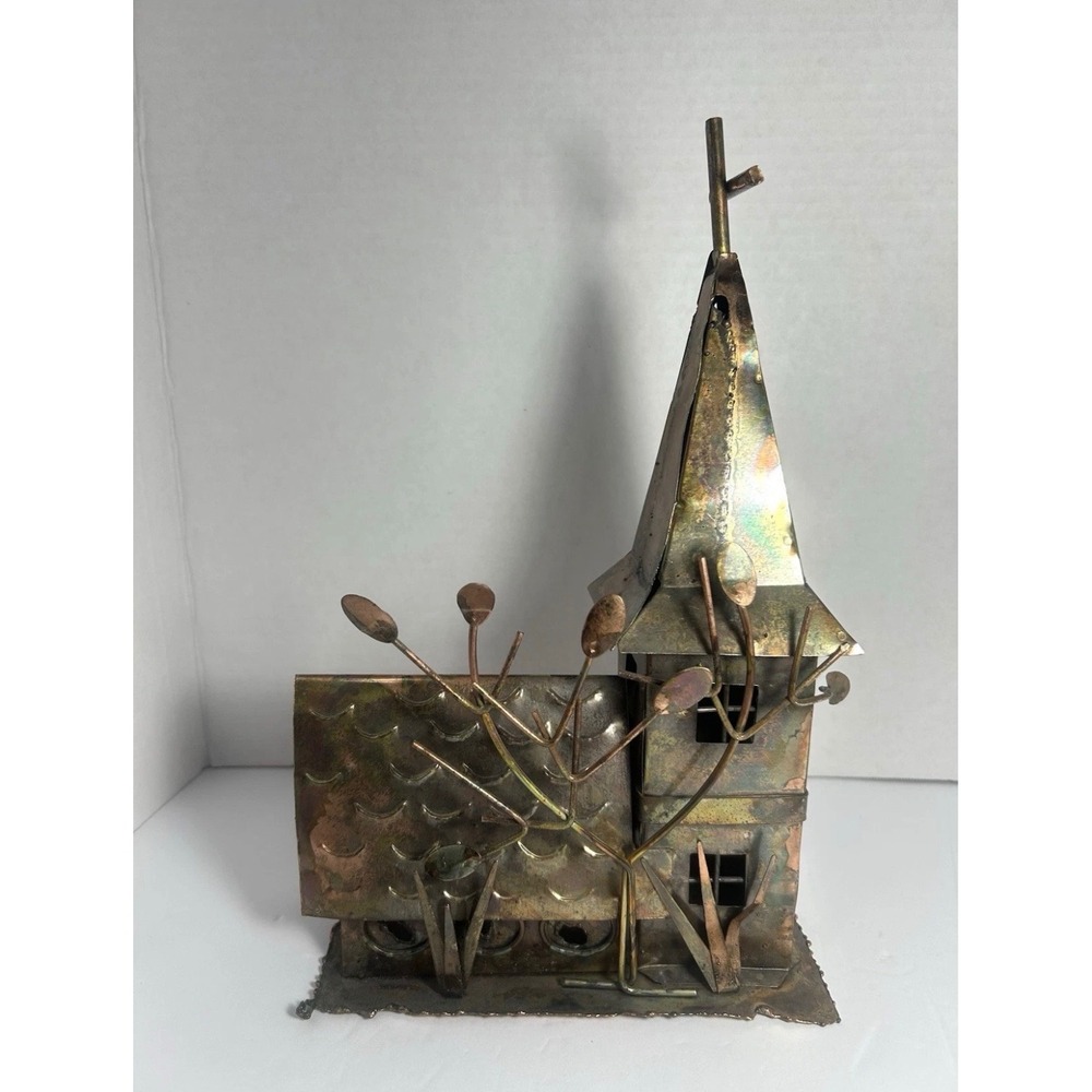 Vintage Brutalist Copper Church Music Box Amazing Grace Metal Art Figurine 11"